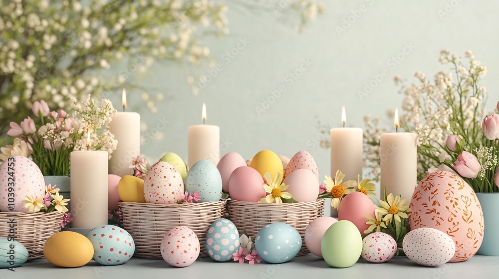 Obraz premium A table is covered with Easter eggs and candles