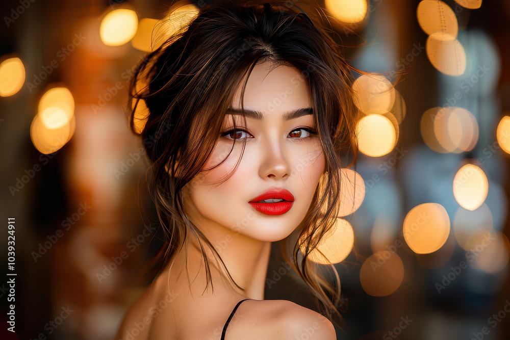 A stunning portrait of a young woman with elegant makeup and a stylish hairstyle, set against a backdrop of glowing lights. Captures modern beauty and sophistication. A stunning portrait of a young woman with elegant makeup and a stylish hairstyle, set against a backdrop of glowing lights. Captures modern beauty and sophistication.