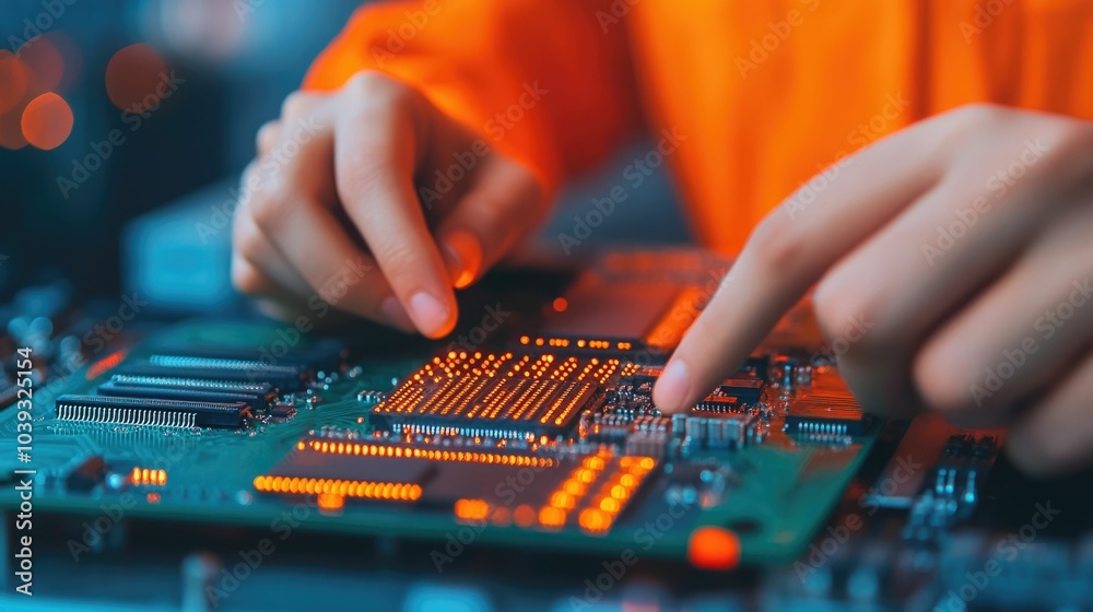 Fototapeta premium Robotic electronics assembly line in a high tech manufacturing facility with intricate circuit boards being produced with precision and automation