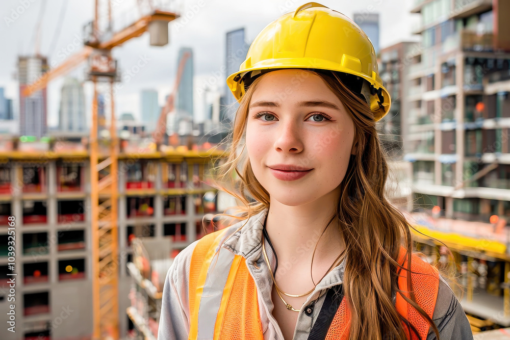 A confident young female construction worker or engineer at a busy building site in the city, showcasing modern urban development. A confident young female construction worker or engineer at a busy building site in the city, showcasing modern urban development.