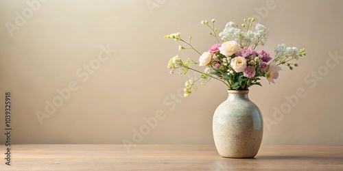 A simple bouquet of delicate blooms in a textured vase, resting on a wood table