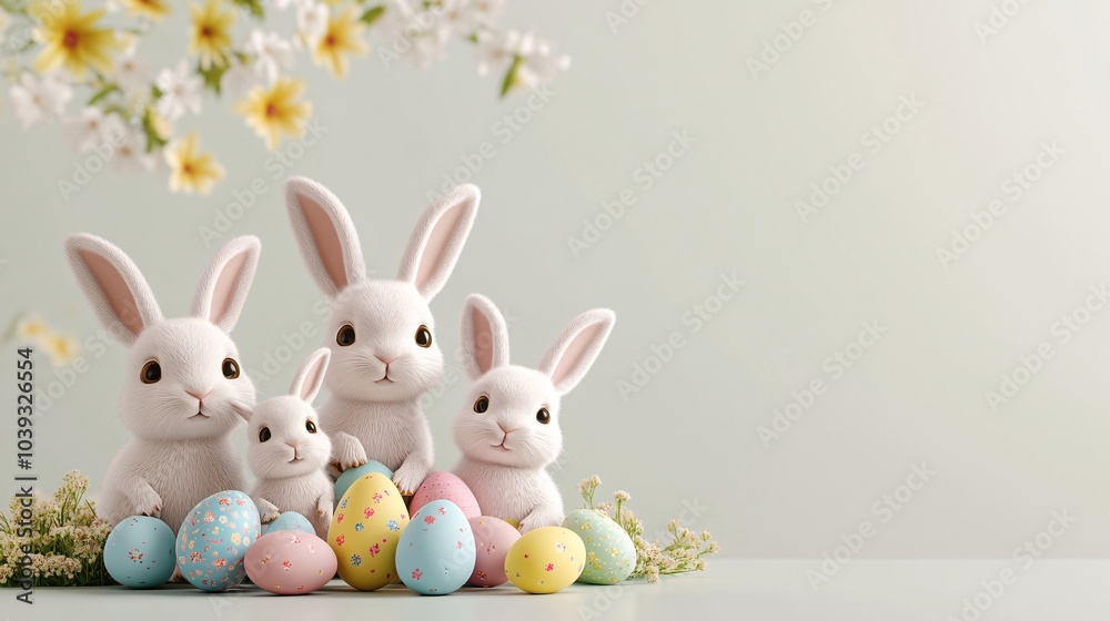 Obraz premium A group of stuffed rabbits are sitting on a table with a bunch of Easter eggs