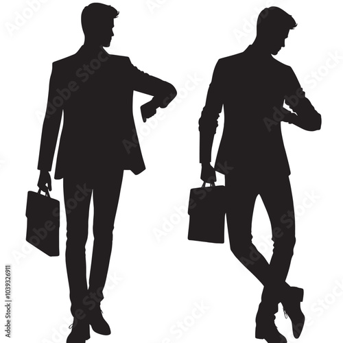 Silhouettes of two men in suits looking at their watches, one holding a briefcase.