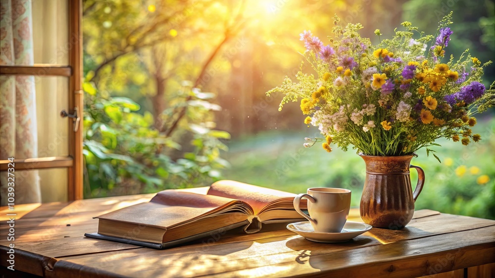 Fototapeta premium A warm morning, bathed in golden light, inviting you to relax with a cup of coffee and lose yourself in the pages of a book, surrounded by the beauty of a blooming bouquet.
