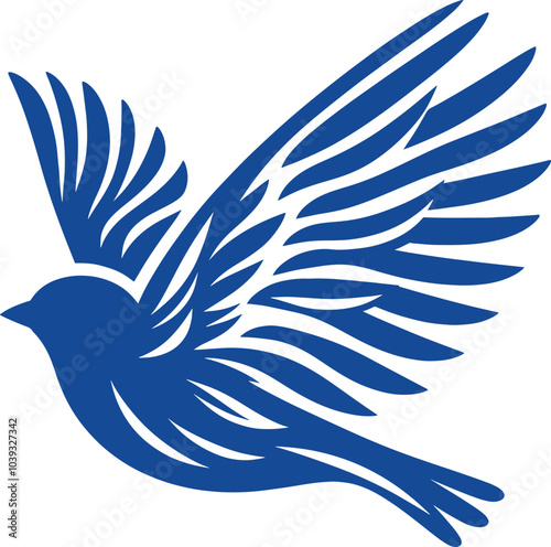 Stylized blue bird with wings spread, on white background.