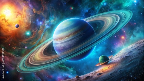 Cosmic Symphony A celestial waltz of swirling nebulae, radiant stars, and a ringed planet bathed in ethereal light.