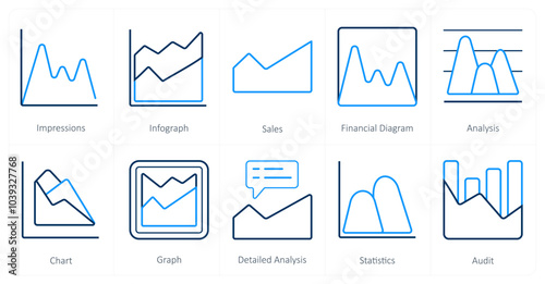 A set of 10 Diagrams and Reports icons as impressions, infograph, sales
