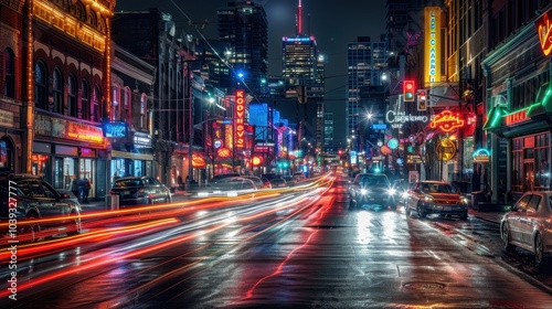 Vibrant Night Street Scene with Light Trails