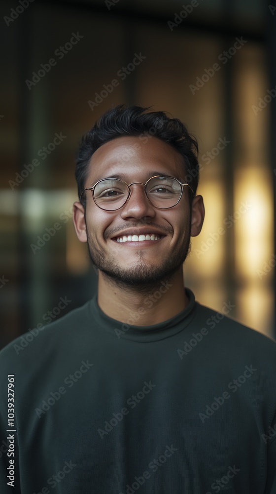 Fototapeta premium Cheerful Young Man with Glasses Smiling Against a Modern Background