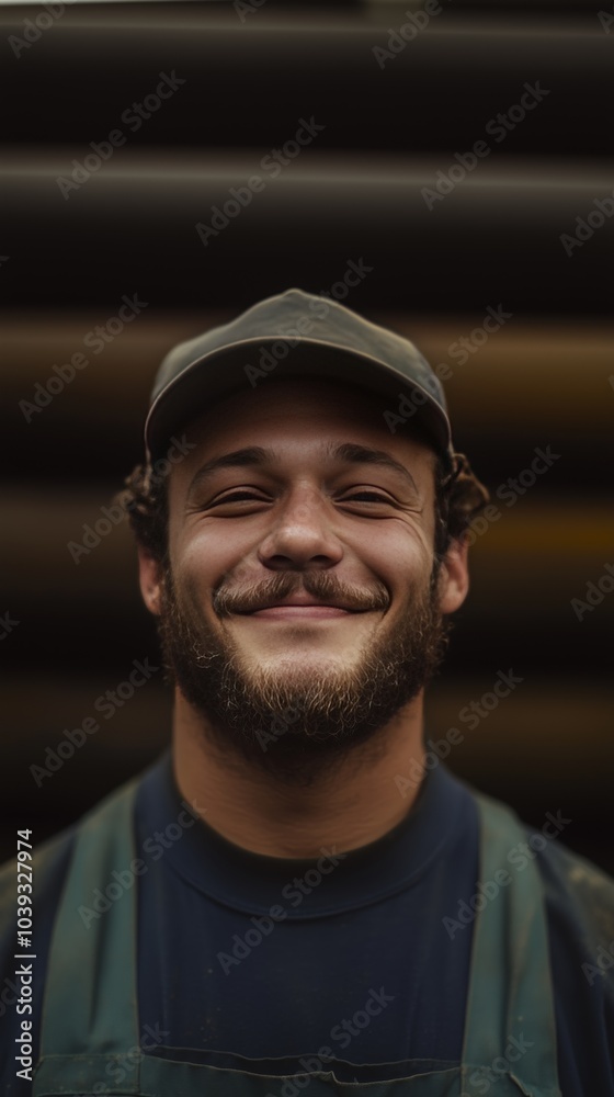 Obraz premium Cheerful Young Worker Smiling in a Cap, Perfect for Portraits and Professional Themes