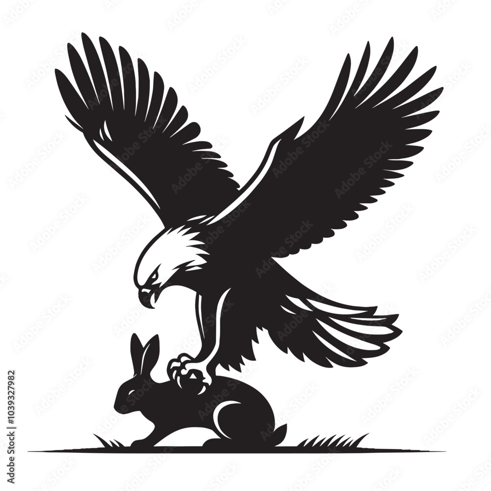 Fototapeta premium Silhouette of a hawk attacking a rabbit.