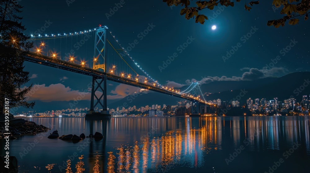 Fototapeta premium Majestic Bridge Illuminated Over Urban Waterscape
