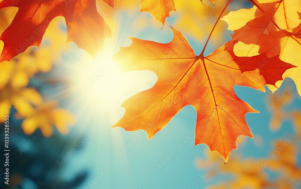 Obraz premium Autumn leaves against a blue sky with a sunburst behind.