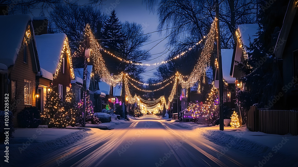 A street with houses lit up with Christmas lights A street with houses lit up with Christmas lights
