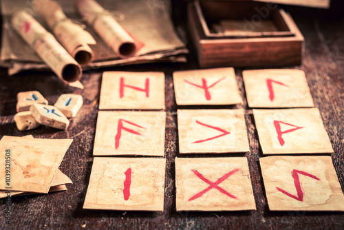 Foto Weird diviner from futhark rune cards and antique scrolls