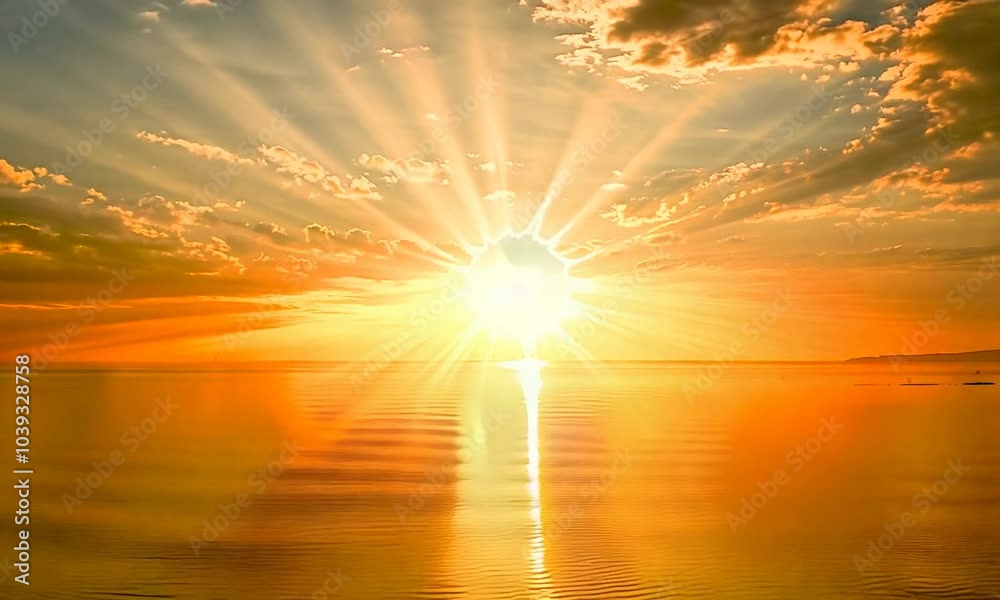 Golden sunset over a calm sea with sun rays shining through the clouds.