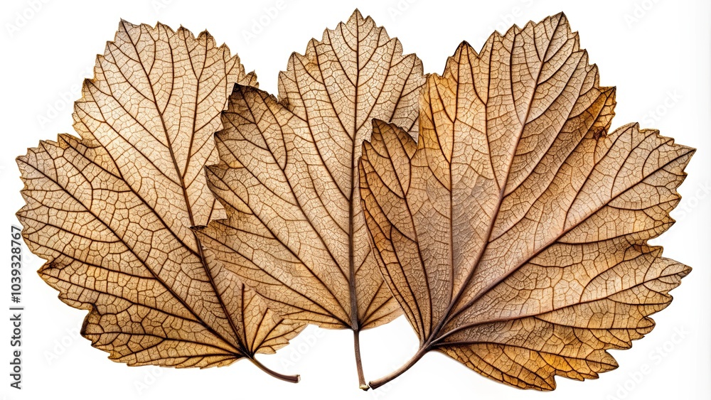 Fototapeta premium A delicate arrangement of three dried leaves, their veins intricately interwoven, creating a beautiful, intricate pattern