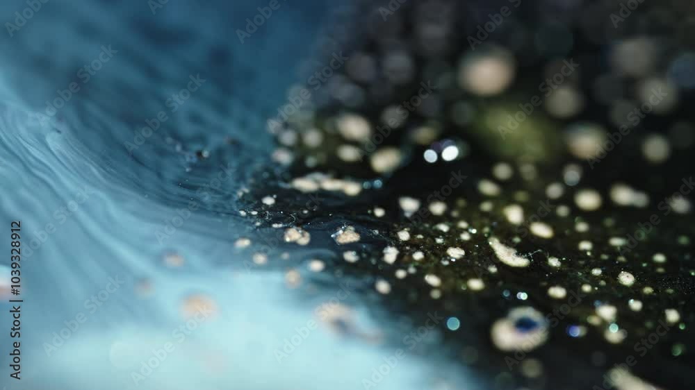 Close-up of a golden, circular substance floating in a dark liquid, macro shot Close-up of a golden, circular substance floating in a dark liquid, macro shot