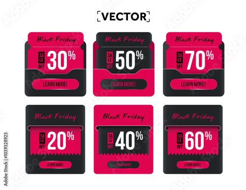 Black Friday coupon set with envelope, coupon code, percentage price off, isolated on white background. Black Friday Gift voucher icons. Vector illustration. Vector illustration