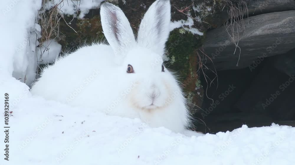 Close-up of an adult Mountain Hare in a winter coat. Static shot. Close-up of an adult Mountain Hare in a winter coat. Static shot.