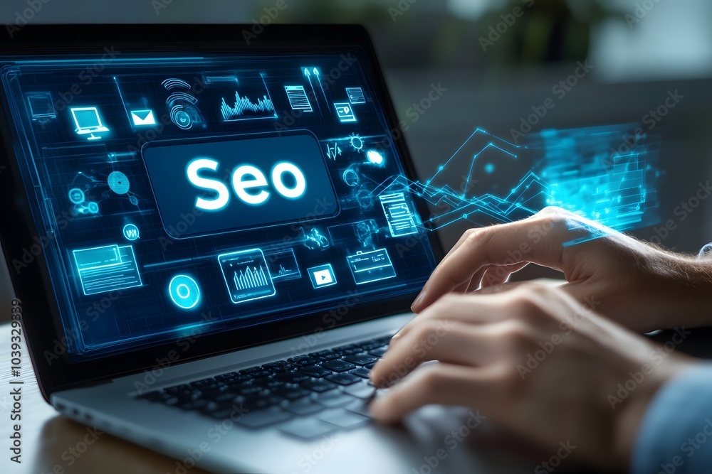 Person Working on Laptop with SEO Analytics Dashboard and Digital Tools Person Working on Laptop with SEO Analytics Dashboard and Digital Tools