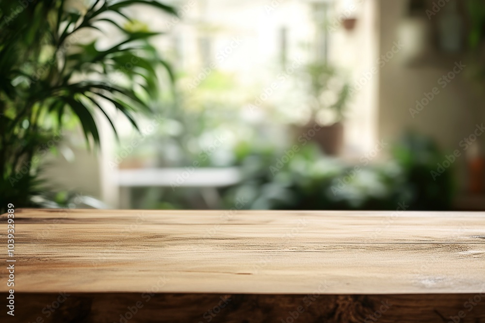 Empty, beautiful wooden tabletop counter in a clean and bright interior background Empty, beautiful wooden tabletop counter in a clean and bright interior background