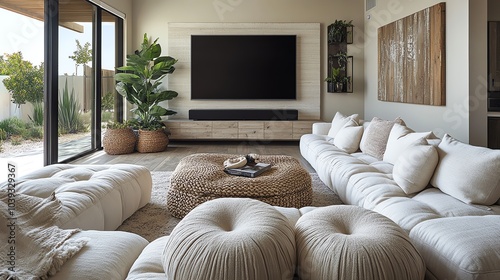 Cozy modern living room showcasing a plush sofa, stylish decor, and large windows. Perfect for relaxation and entertainment in a contemporary setting.