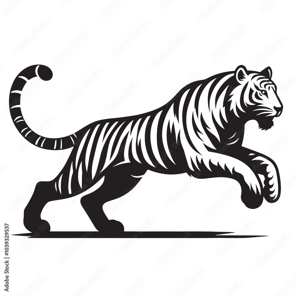 A black and white illustration of a tiger leaping. A black and white illustration of a tiger leaping.