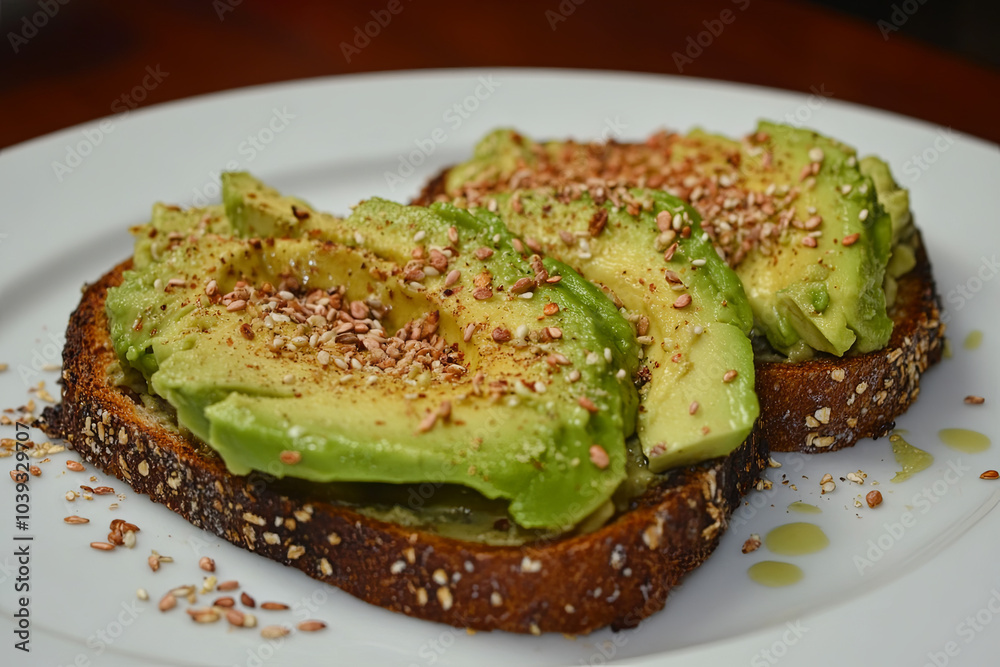 A plate of avocado toast with whole grain bread and a sprinkle of seeds A plate of avocado toast with whole grain bread and a sprinkle of seeds