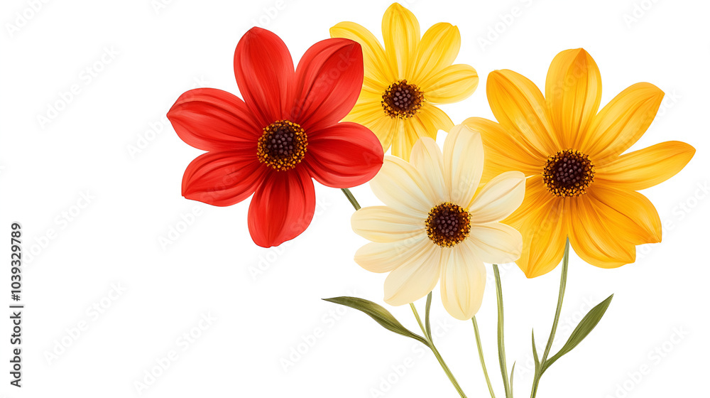 Fototapeta premium Beautiful calendula flowers isolated on white background,Mix gerber flowers isolated on white background,four flowers on a white background