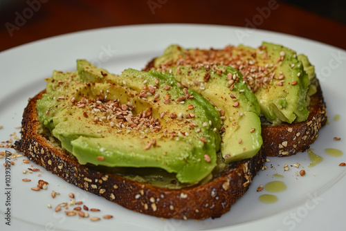 A plate of avocado toast with whole grain bread and a sprinkle of seeds photo