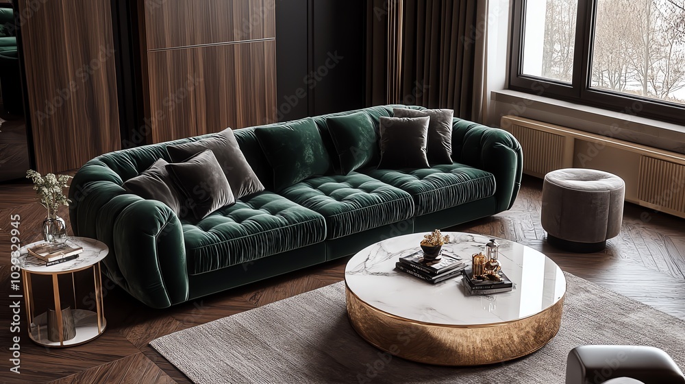 Stylish living room featuring a plush green velvet sofa, decorative pillows, and a modern round coffee table with a unique design. Stylish living room featuring a plush green velvet sofa, decorative pillows, and a modern round coffee table with a unique design.