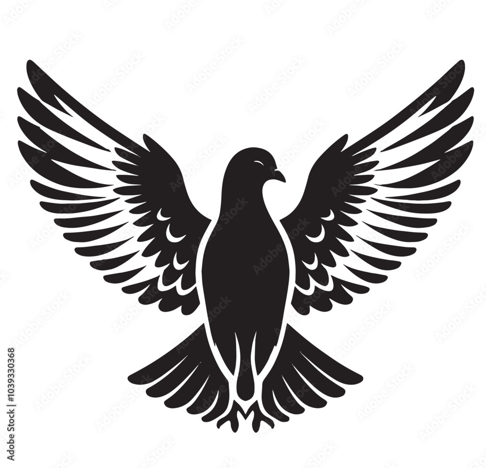 Obraz premium A black and white silhouette of a dove with its wings spread.