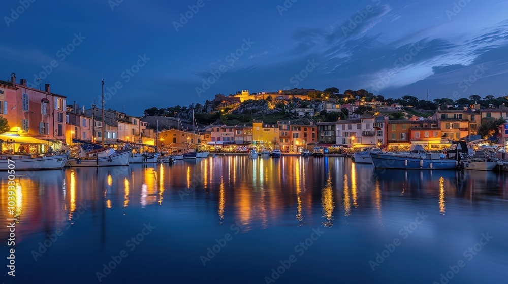 Serene Night Harbor Scene with Reflective Lights