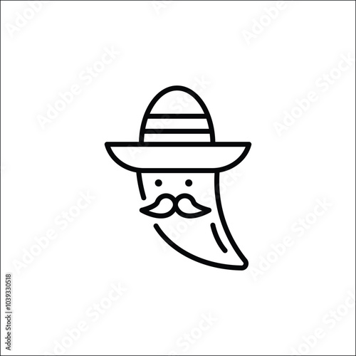 Mexican pepper icon. Illustration of a chili pepper character with a sombrero and mustache. Ideal for food-related designs, Mexican culture, or spicy food themes. Vector illustration