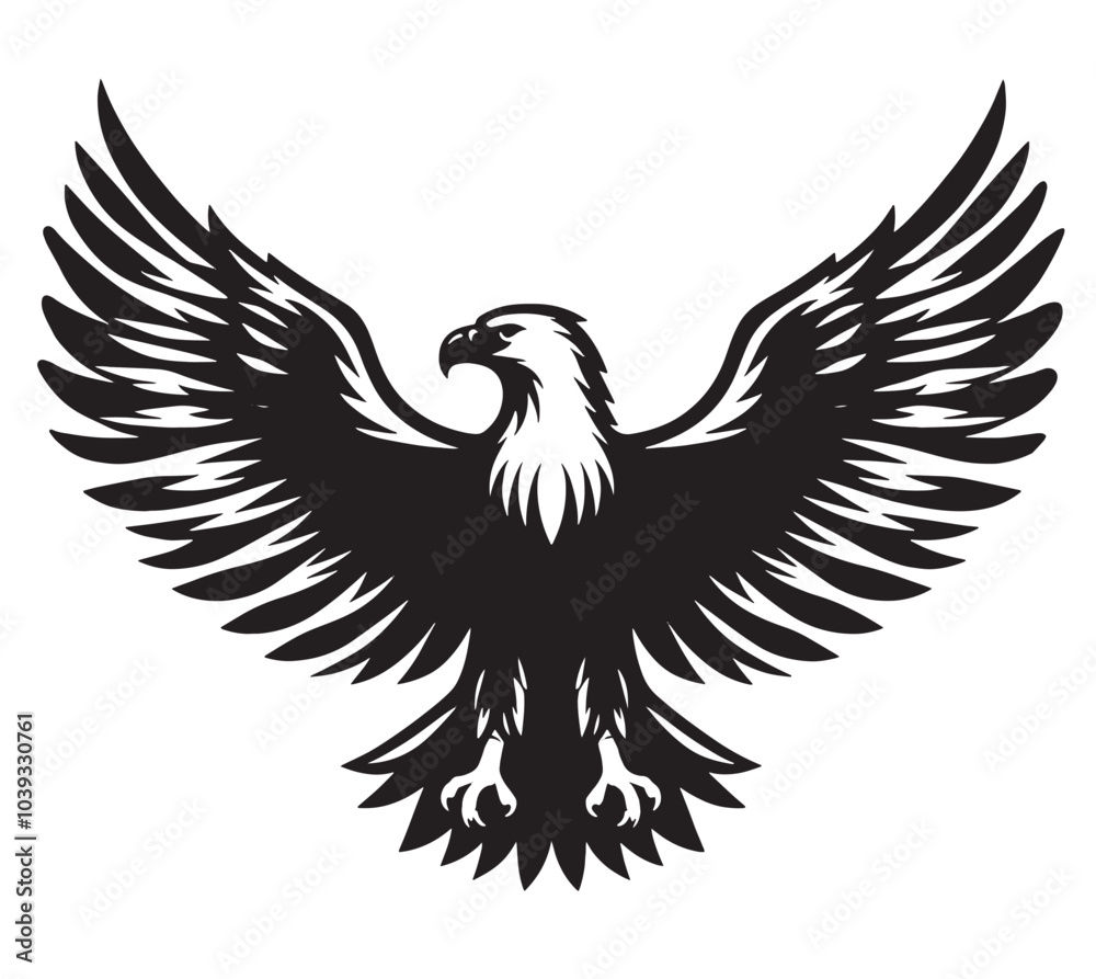 A black and white silhouette of an eagle with its wings spread wide. A black and white silhouette of an eagle with its wings spread wide.