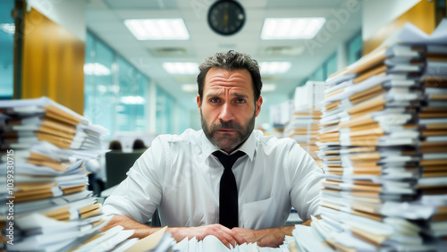 A business professional surrounded by stacks of paperwork appears focused and determined. This image captures the intensity of corporate life and the challenges of managing a high workload.