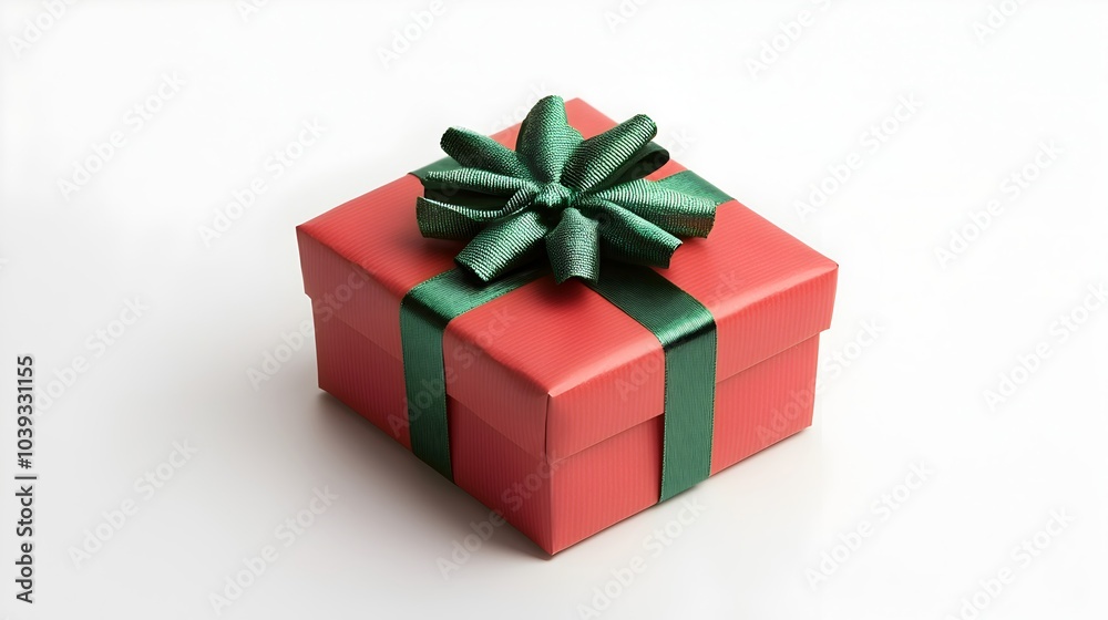 Red Gift Box with Green Bow Isolated on White Background Red Gift Box with Green Bow Isolated on White Background