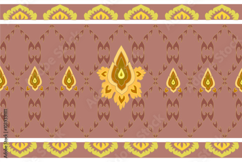 Classic Thai fabric pattern, gold color, geometric seamless, light brown background illustration. Vector, design.