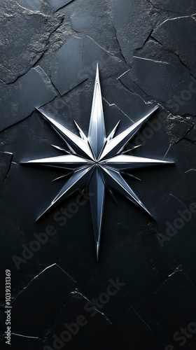 minimal star design symbol with shiny metal spiky material on a dark background