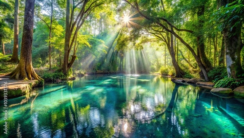Sunbeams Illuminate Tranquil Forest Pond, Reflecting on Emerald Waters, Enchanting Scene of Nature's Serenity