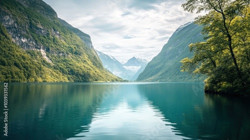 Serene mountain lake surrounded by lush greenery and dramatic peaks under a cloudy sky.