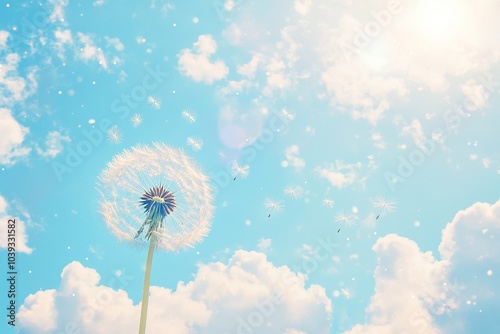 Fototapeta Naklejka Na Ścianę i Meble -  Dandelion in the sky, cloud background, blue sky
