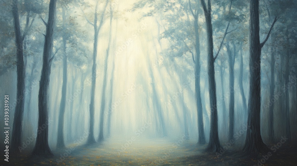 Naklejka premium A misty forest in autumn, with tall trees and fallen leaves on the ground. The sun shines through the foggy sky, creating an ethereal atmosphere.