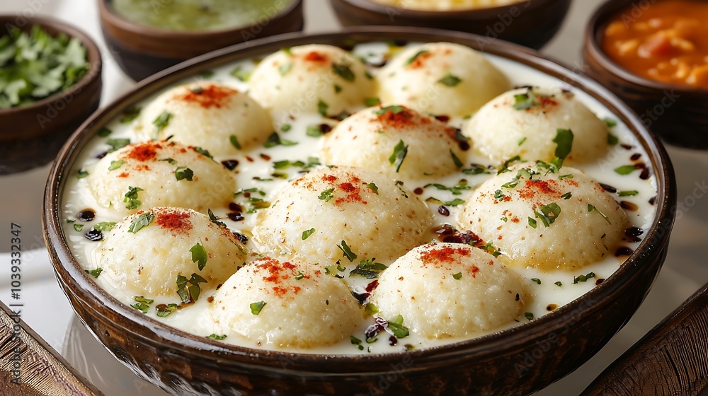 Dahi Bhalle Indian Street Food Yogurt Balls with Spices Close Up Dahi Bhalle Indian Street Food Yogurt Balls with Spices Close Up