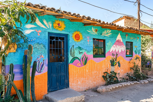 A brightly colored adobe house in a Mexican village, with vibrant murals on the walls