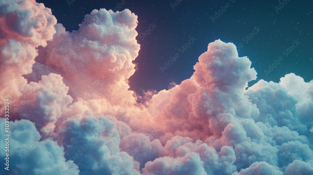 A vibrant view of fluffy clouds illuminated by soft pastel colors against a starry sky. A vibrant view of fluffy clouds illuminated by soft pastel colors against a starry sky.