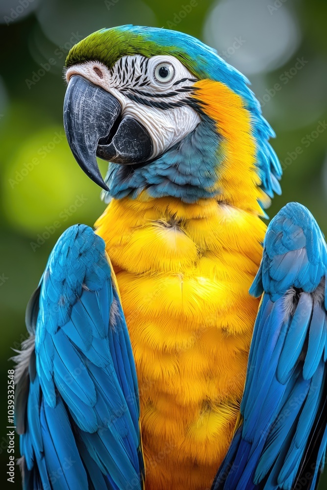 Fototapeta premium Blue-and-yellow macaw posing with bright blue and yellow feathers