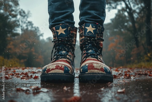 Person wearing american flag boots standing on wet road during autumn