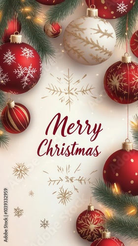 merry christmas greeting card with graphic season decorations and ornaments on a light background